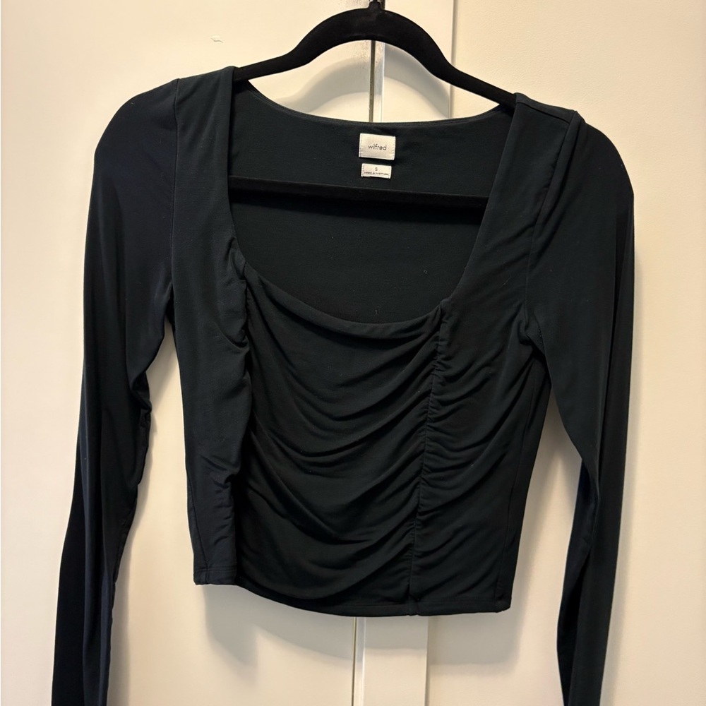 Wilfred Black Ruched Scoop-Neck Long Sleeve Top